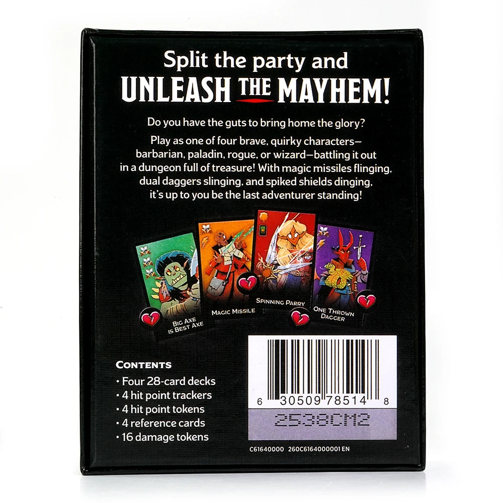 Box of Split the party and Unleash the Mayhem card game featuring four brave quirky characters and various tokens