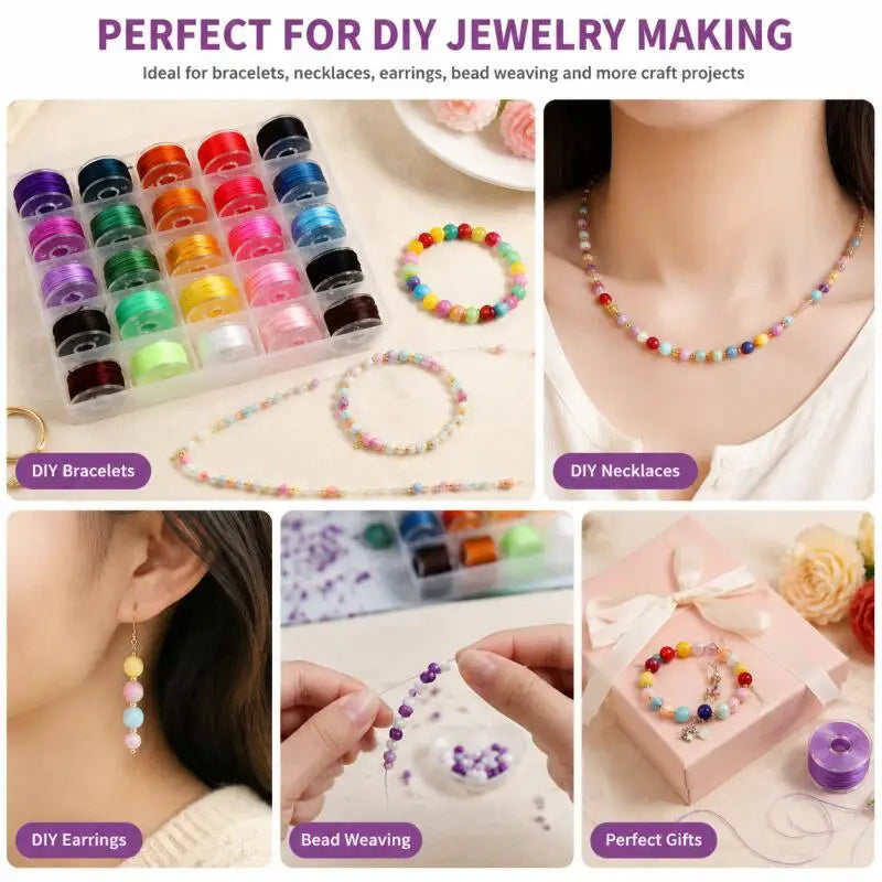 A collection of crystal beads, stringing materials, and finished jewelry projects for DIY making.