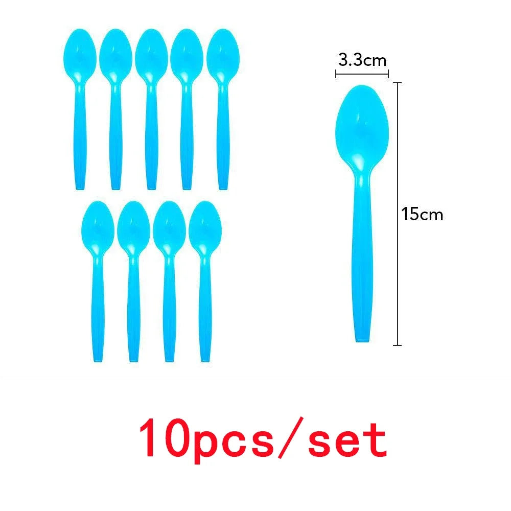 A set of ten light blue plastic spoons for party decorations.