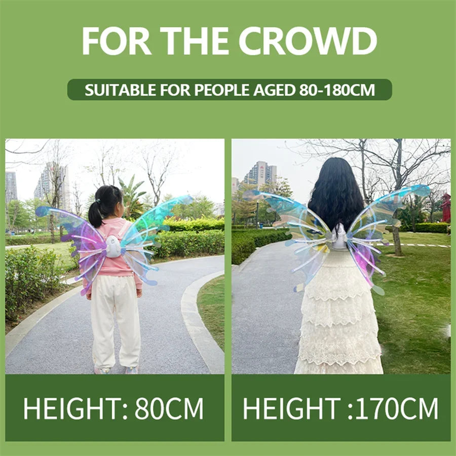 A comparison showing a glowing fairy wings dress-up set for children at heights of 80cm and 170cm.