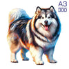 A digital painting of a fluffy Siberian Husky dog with blue and white fur, smiling and tongue out.