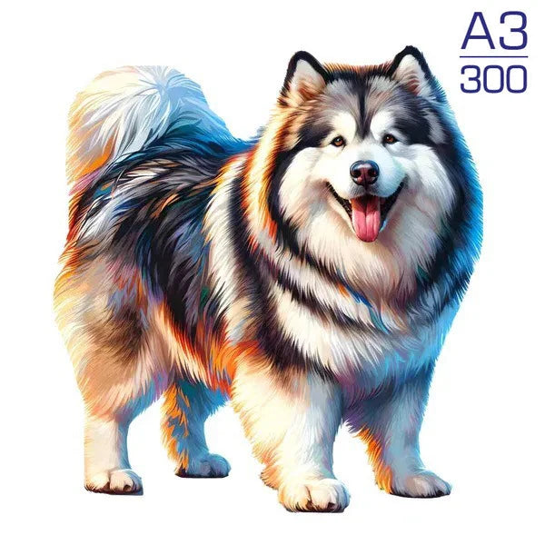 A digital painting of a fluffy Siberian Husky dog with blue and white fur, smiling and tongue out.