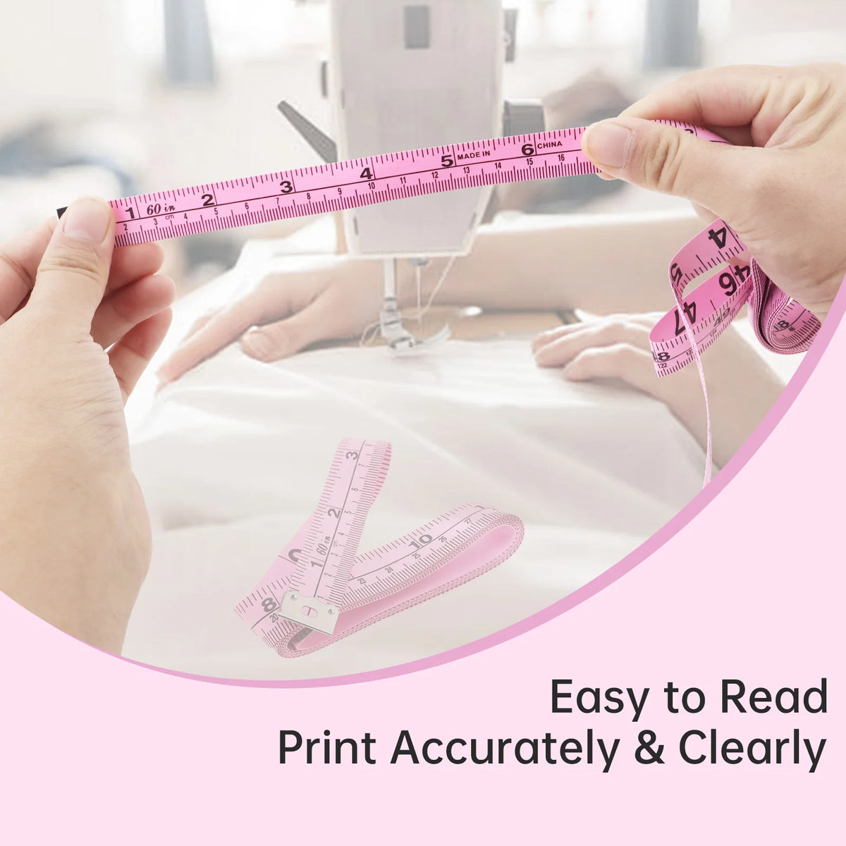 Hands measure a person's body using a pink tape measure against a white cloth.