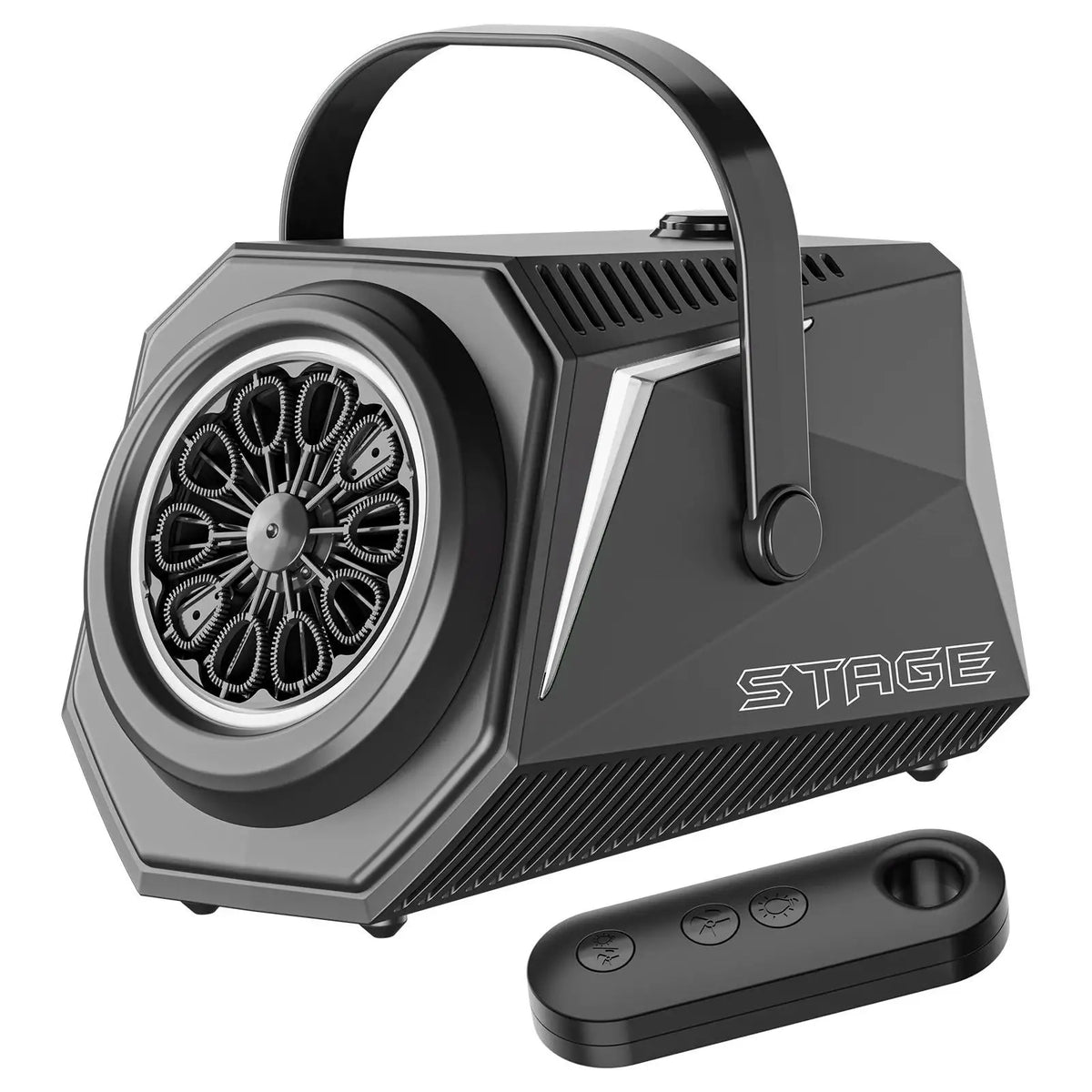 A black rechargeable bubble machine with a handle and a remote control is shown on a white background.