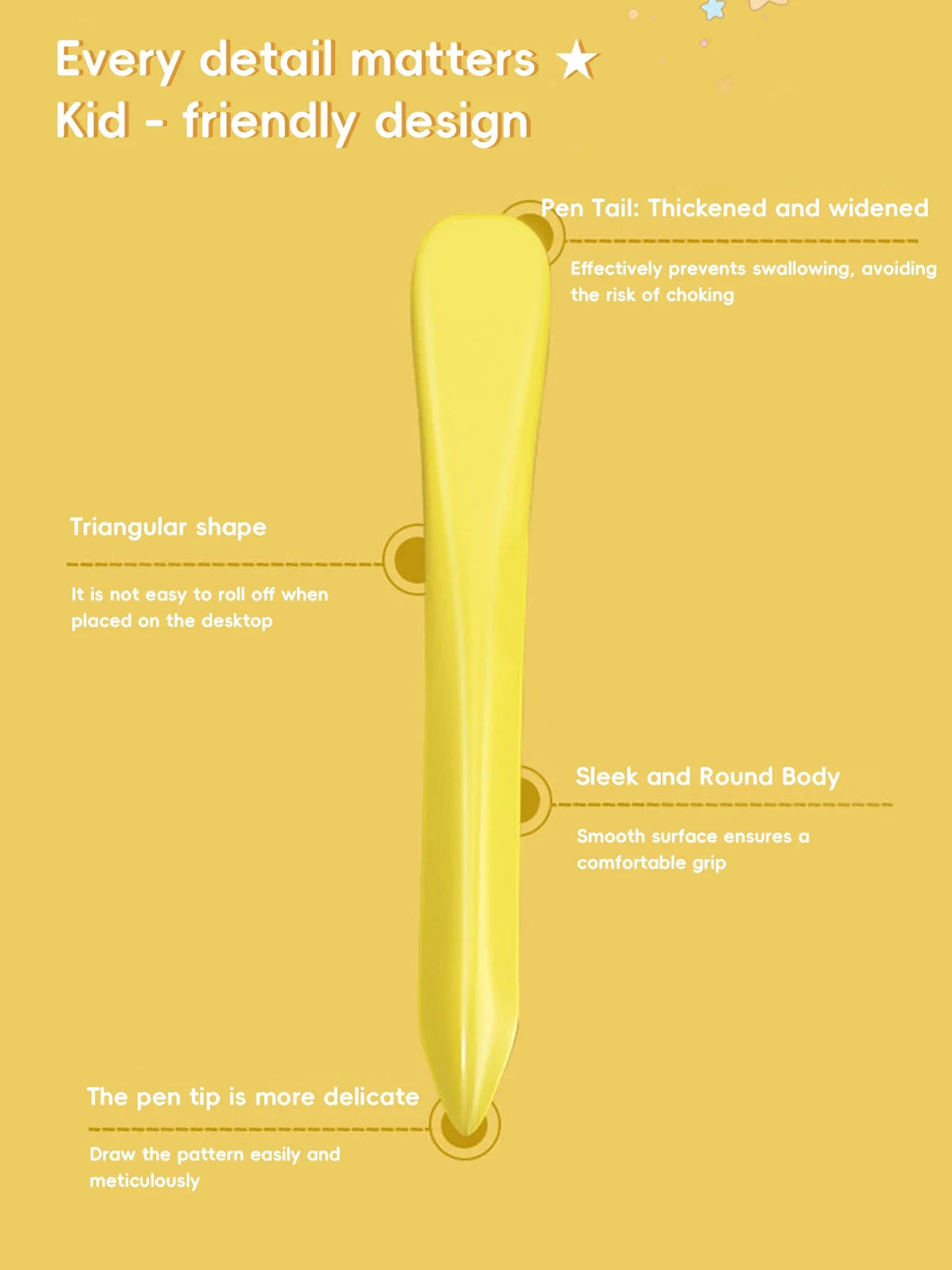 A yellow crayon with a tapered, triangular grip is shown against a light background.