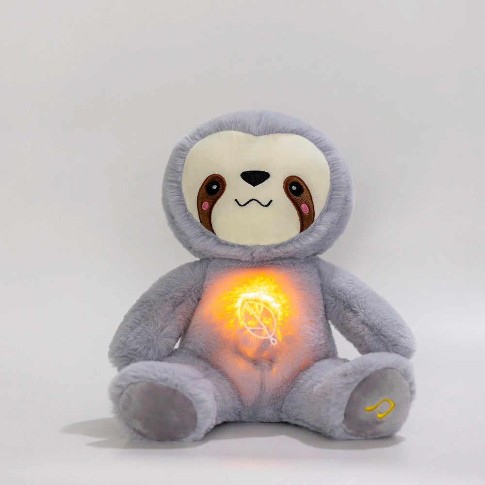 A gray sloth plush toy with an illuminated chest light.