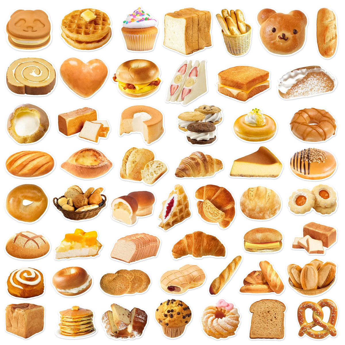 A collection of various food-themed stickers including donuts, bread, pastries, and fruit shapes.