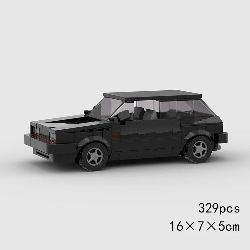 A black classic rally car building block set with a glass roof and detailed exterior features.