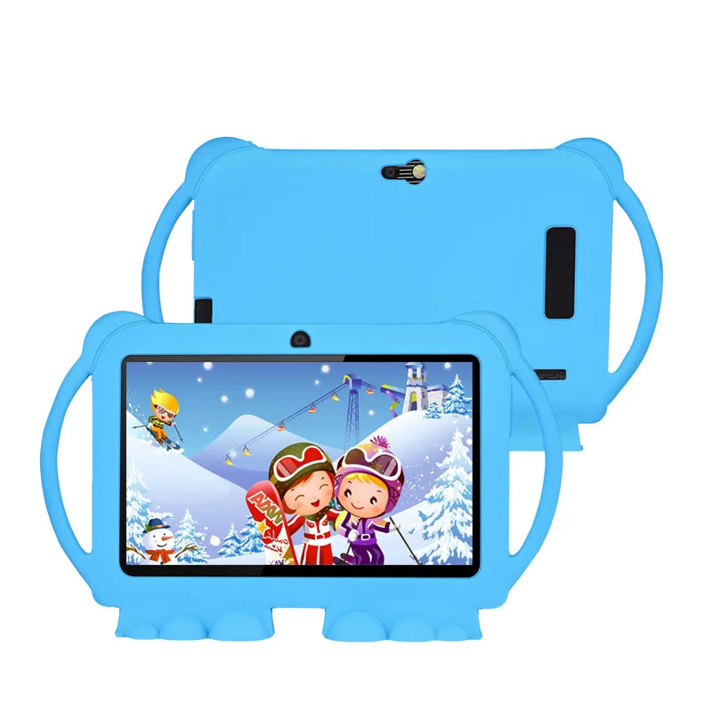 A light blue kids tablet with rounded edges and a protective case is shown displaying a colorful winter scene.