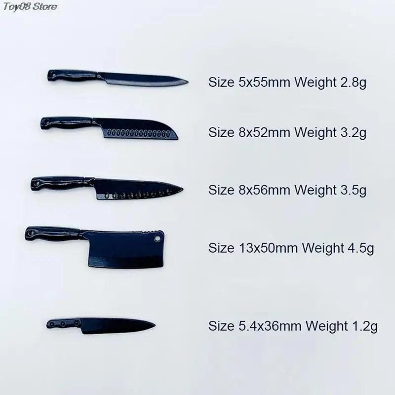 A collection of miniature metal kitchen knives with various sizes and weights displayed against a white background.