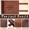 A brown PU leather storage bag for craft items featuring a tray with dice and velvet fabric.