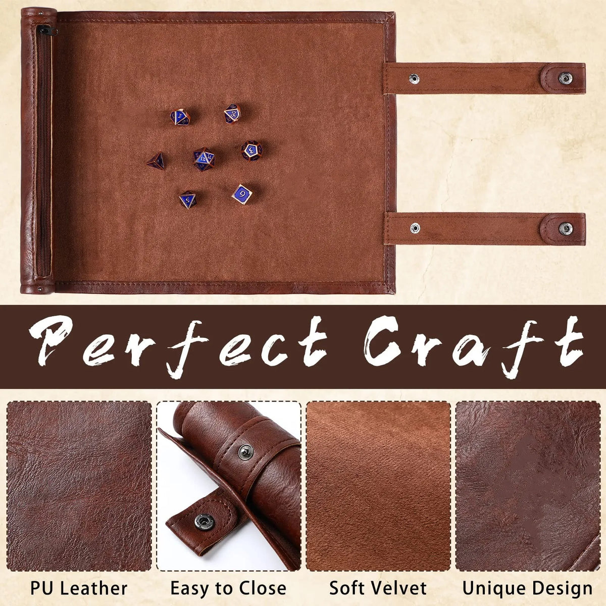 A brown PU leather storage bag for craft items featuring a tray with dice and velvet fabric.
