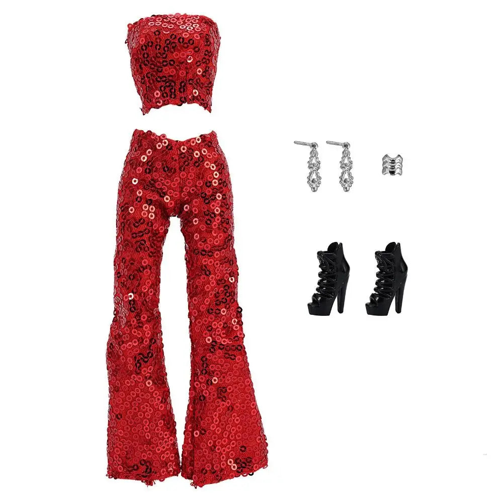 A set of red sequin party trousers and matching top for fashion dolls