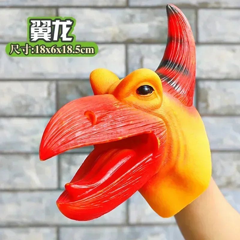 A realistic orange and red T-Rex dinosaur hand puppet with a large snout and eye.