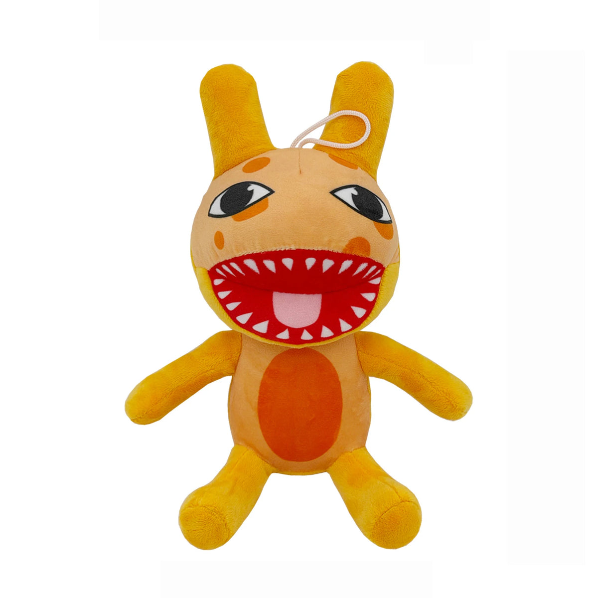 A yellow and orange plush toy resembling a cartoon animal with large eyes and a wide, toothy grin.