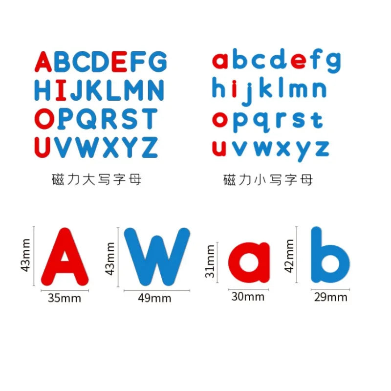 A set of colored magnetic letters for educational learning, showing uppercase and lowercase English alphabet characters.