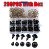 A collection of 200 black safety eyes in various sizes and styles packaged with a box.