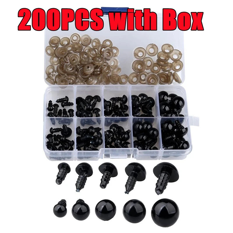 A collection of 200 black safety eyes in various sizes and styles packaged with a box.
