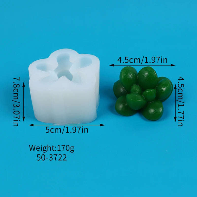A white silicone mold shaped like a cactus or succulent, next to five green silicone spheres.