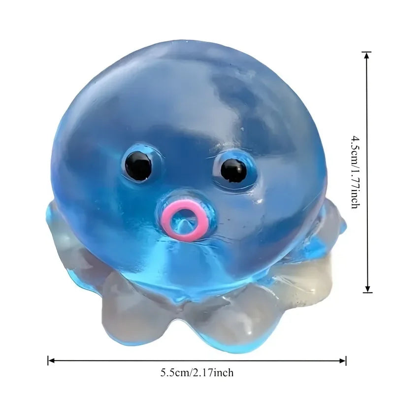 A translucent blue squishy ocean octopus fidget toy with a white base.