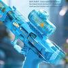 A close-up of a blue Z-Lock electric water gun being fired, showing water jet and impact effect.