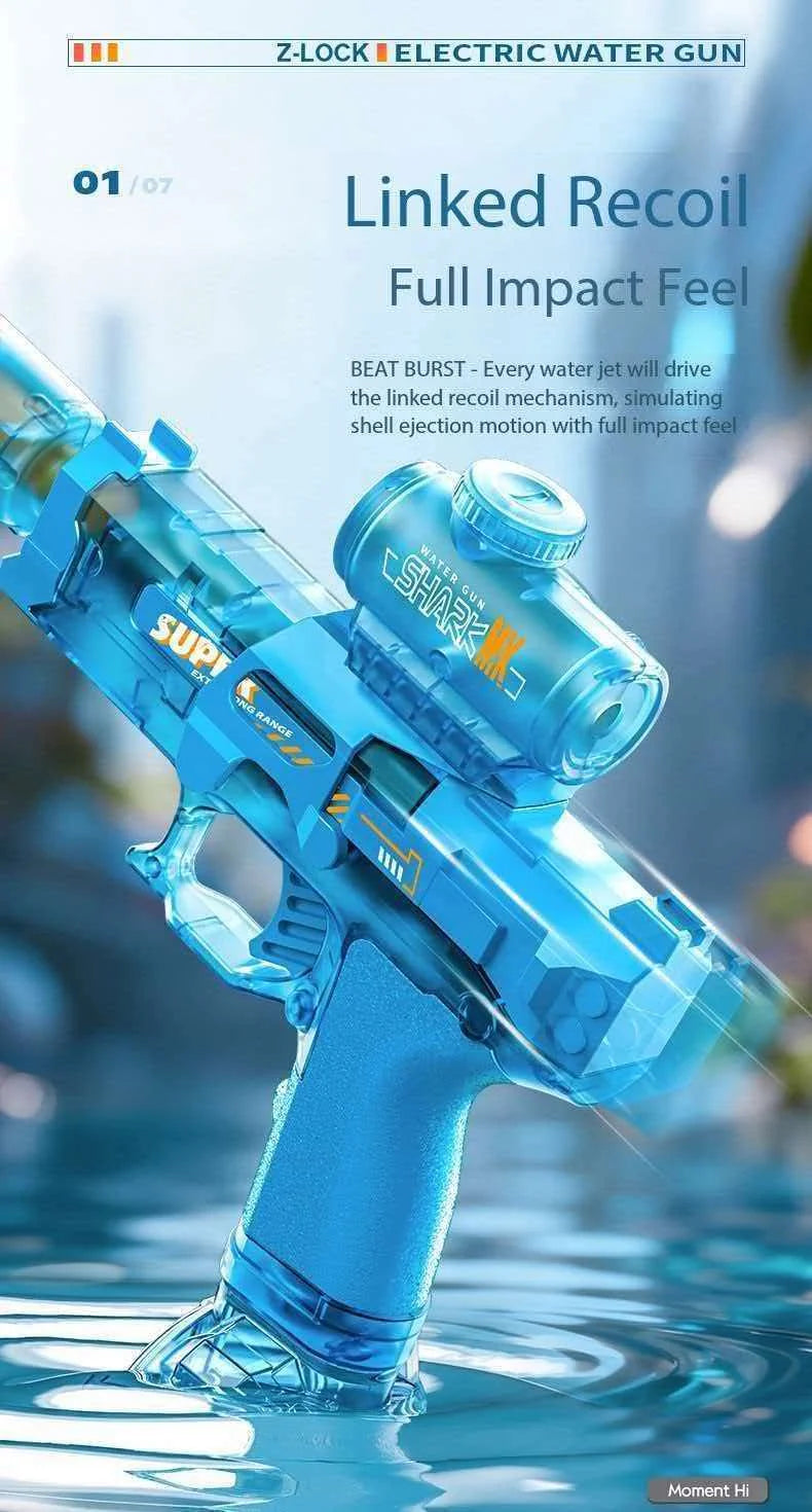 A close-up of a blue Z-Lock electric water gun being fired, showing water jet and impact effect.