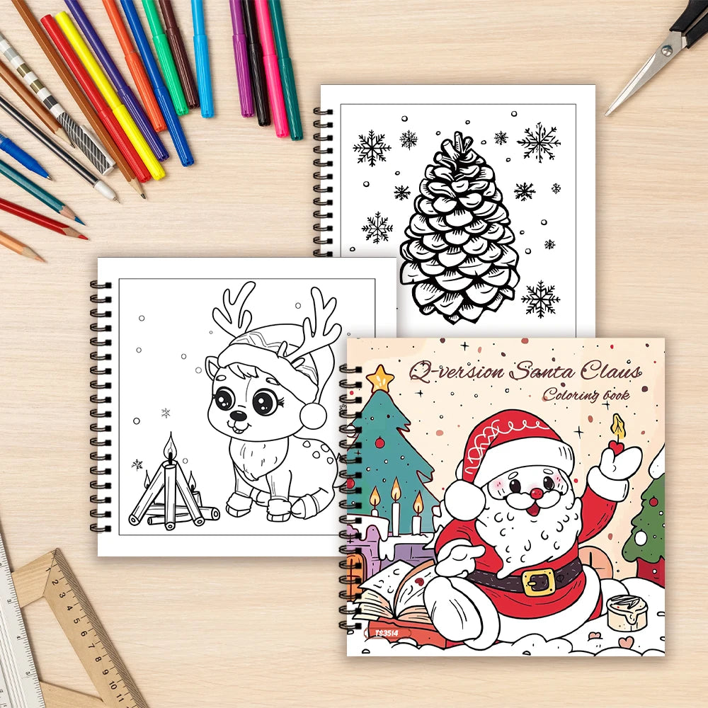 A spiral-bound adult coloring book featuring a Christmas theme with Santa Claus and a pinecone design.