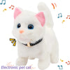 A white plush cat toy with pink ears and a black collar, featuring blue eyes.