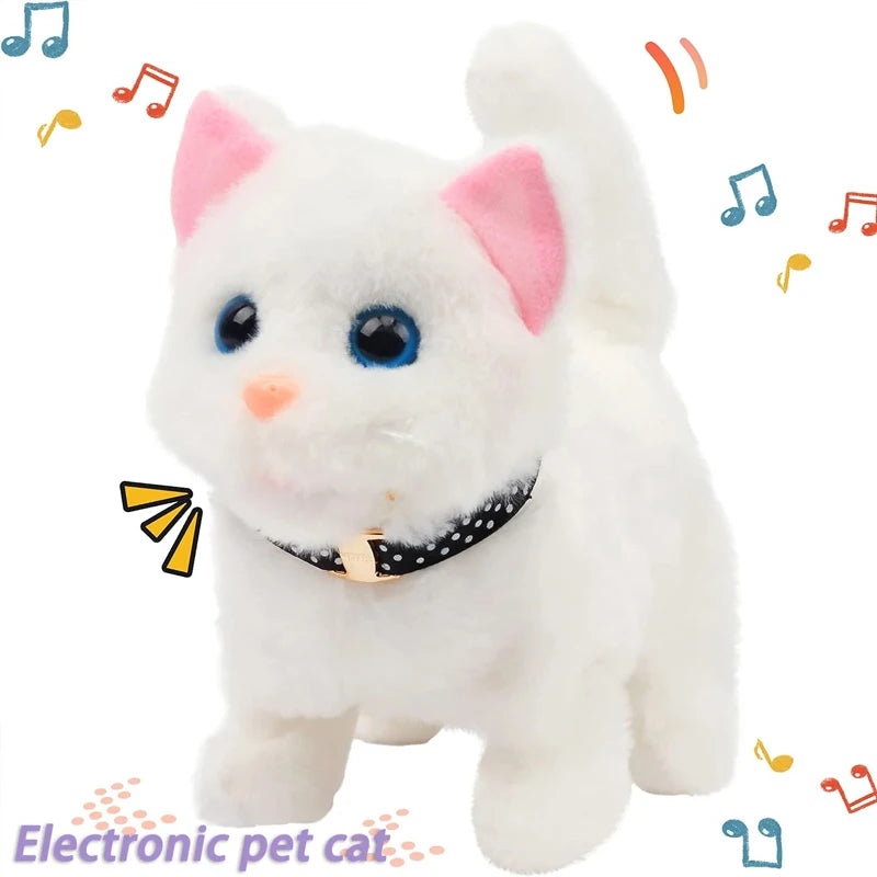 A white plush cat toy with pink ears and a black collar, featuring blue eyes.