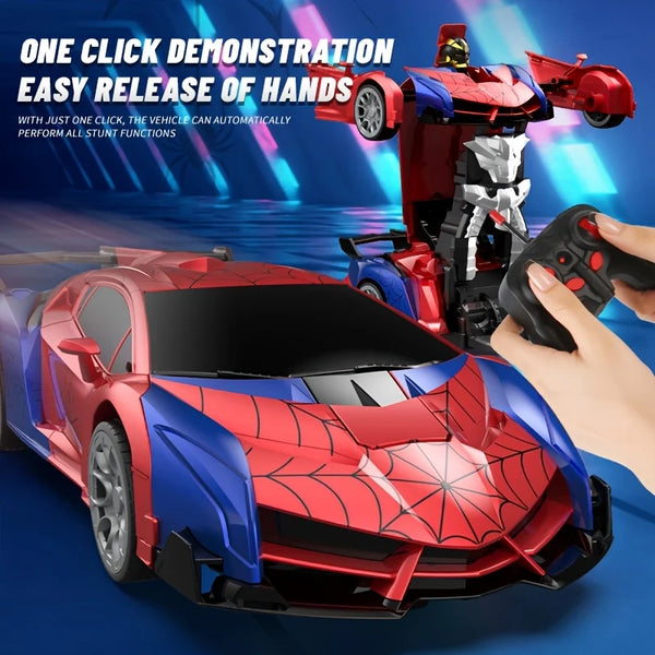 A red and blue RC car is shown next to a remote control and a larger transforming robot figure.