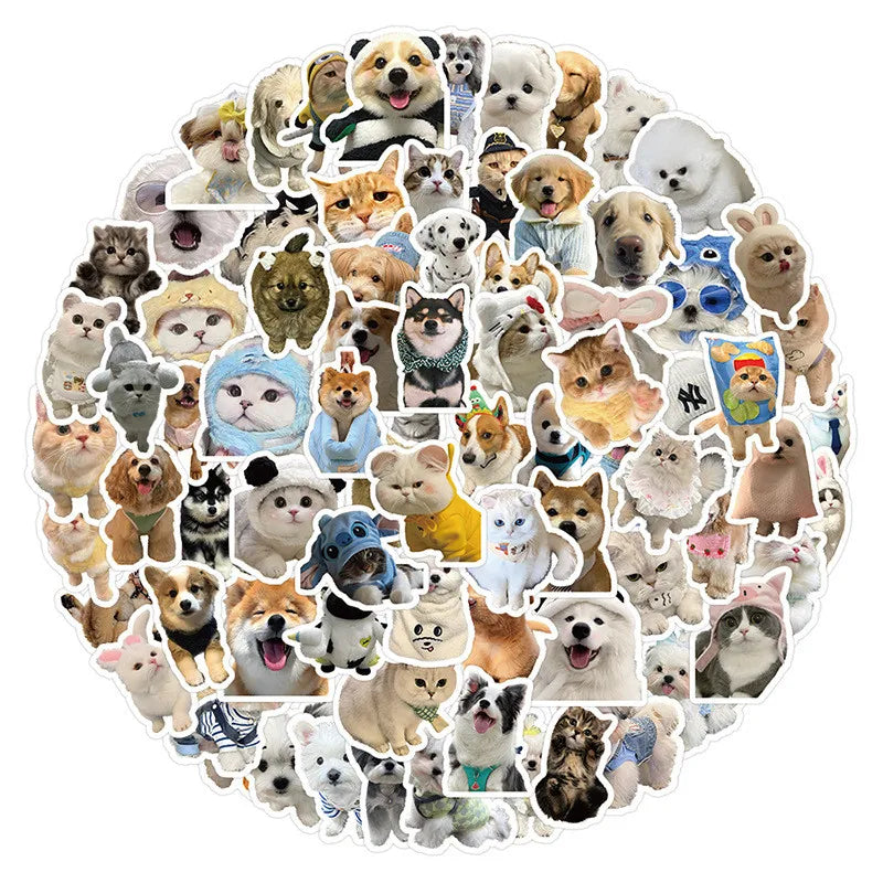 A circular arrangement of 200 cute animal stickers featuring various breeds and types of cats, dogs, and other animals.