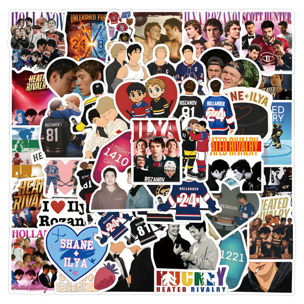 A collection of stickers featuring characters and themes from the show Heat Rivalry, including Ilya, Rozanov, and others.