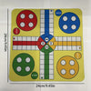 A yellow Ludo board game with colored pieces and a cross design, showing various start points and player areas.