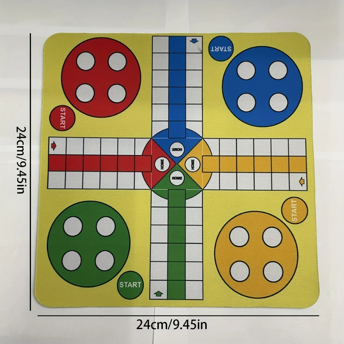 A yellow Ludo board game with colored pieces and a cross design, showing various start points and player areas.