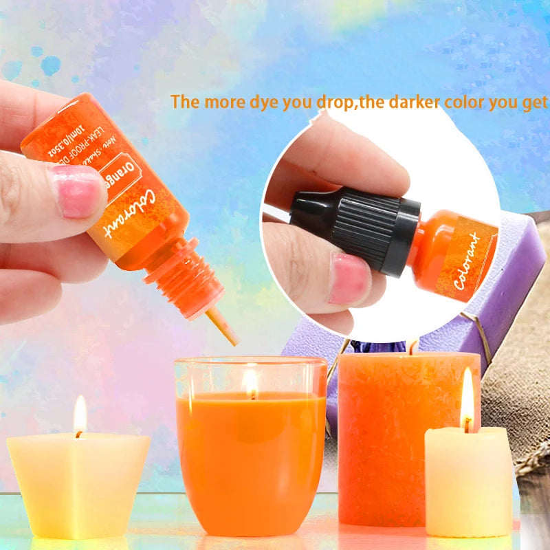 Une main verse un colorant liquide orange dans une bougie, donnant une bougie de couleur orange.