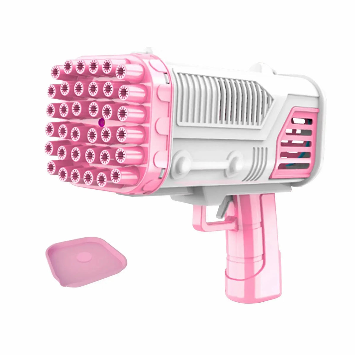 A pink and white bubble gun with a 36-hole nozzle and automatic blower is shown.