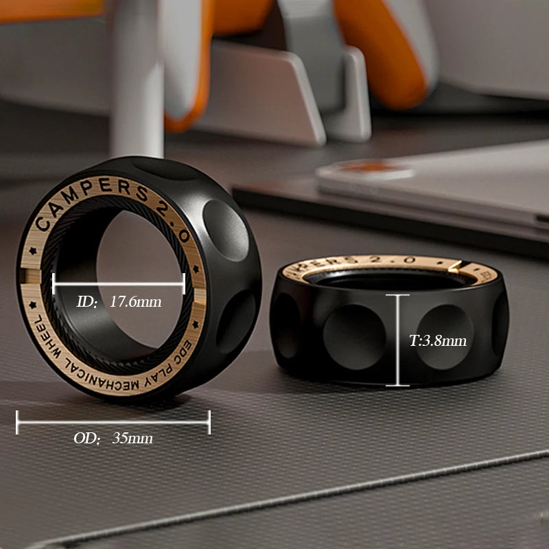 A black magnetic fidget ring with an adjustable spin, showing dimensions and components.