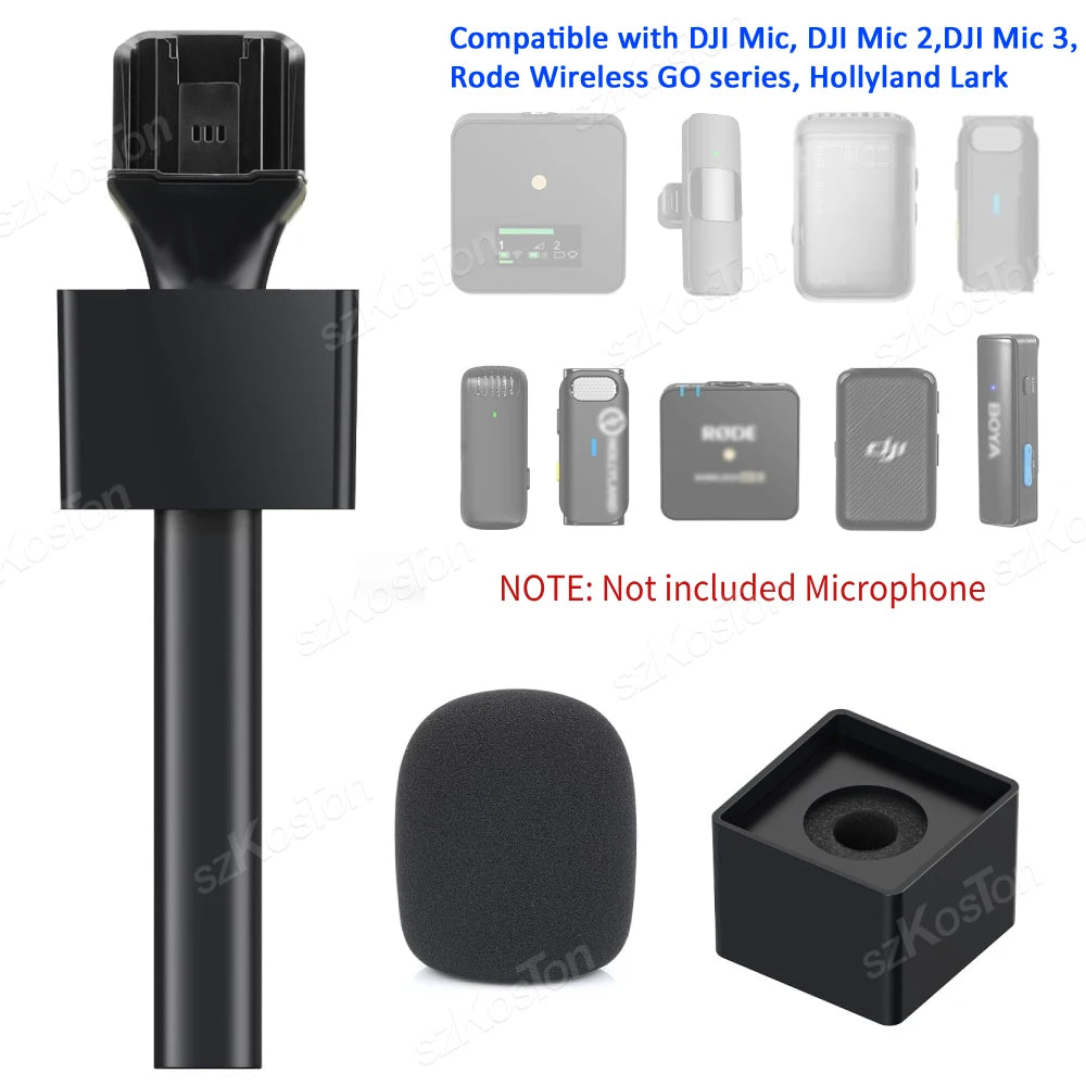A black universal handheld adapter with multiple connectors for DJI, Rode, and Hollyland microphones.