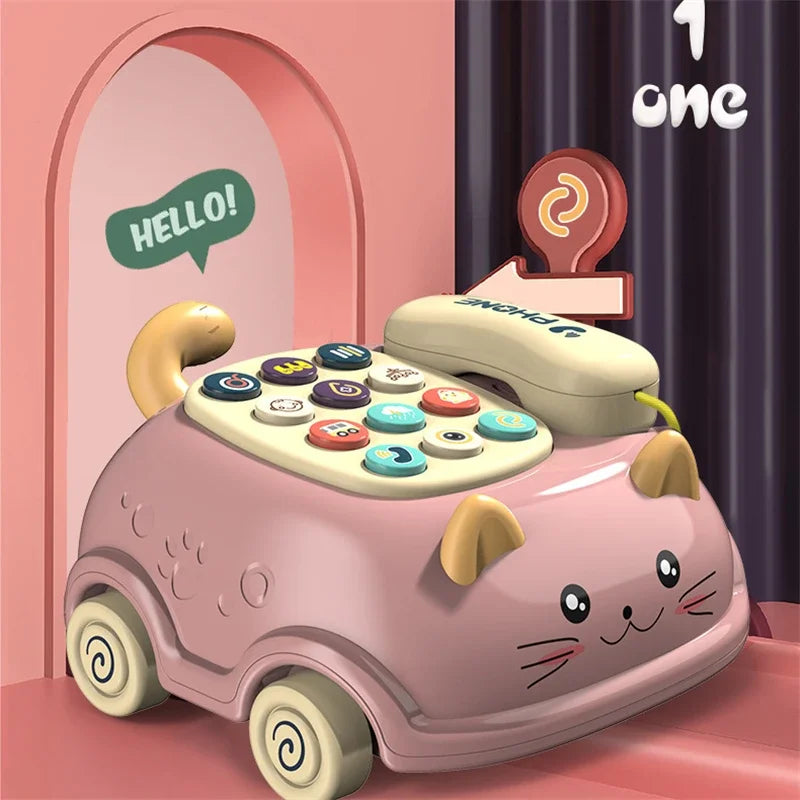 A pink cartoon cat-shaped musical phone toy for toddlers with lights and sounds