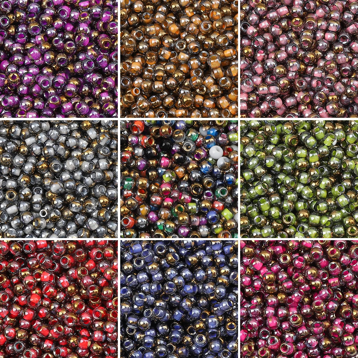 A collection of various golden gradient glass beads in multiple colors and shades for DIY jewelry making.