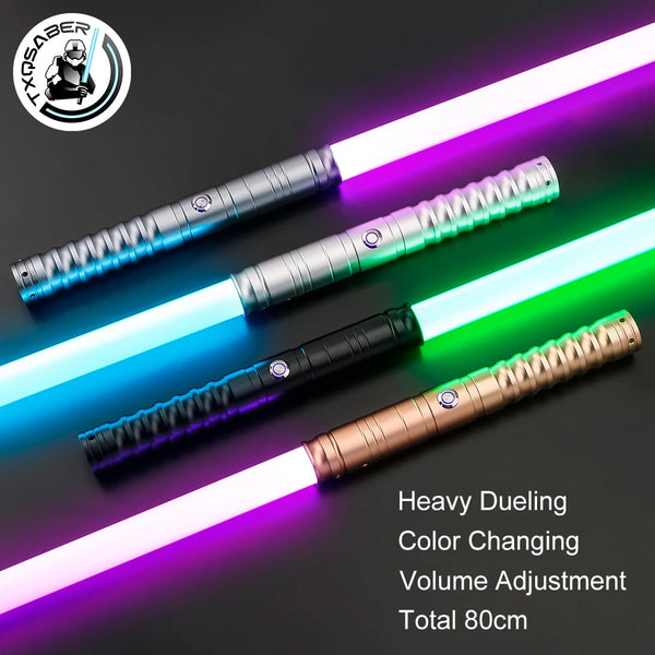 A heavy dueling lightsaber with neon RGB color changing effects and volume adjustment shown against a dark background.