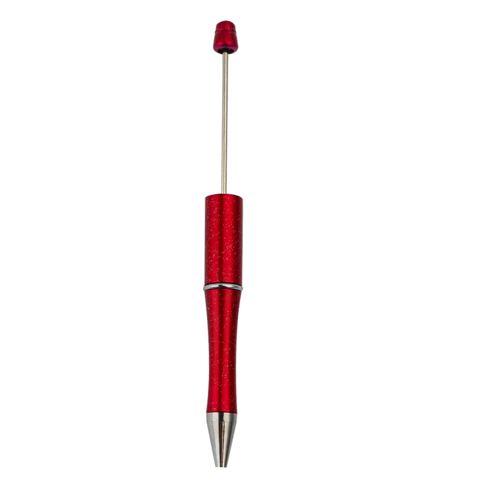 A red beadable ballpoint pen with a silver tip and a red cap.
