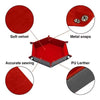 Red foldable PU leather hexagonal dice tray with metal snaps and accurate sewing details