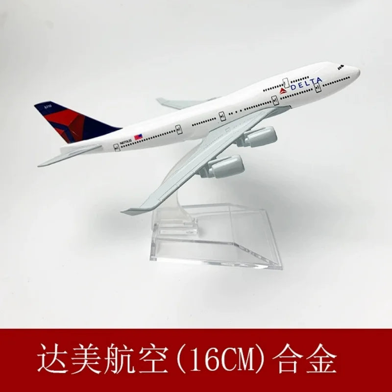 Silver Delta airplane model, 16cm scale, made of silver metal.
