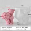 A pink silicone mold shaped like a bear holding a bouquet of roses, shown next to its finished product.