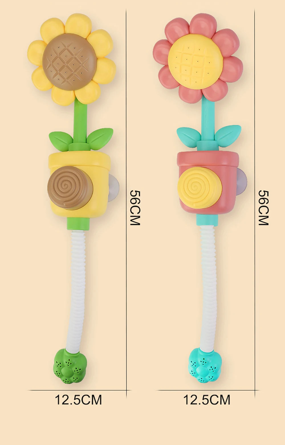 A set of two sunflower bath shower sprinkler toys for kids in yellow and pink colors.