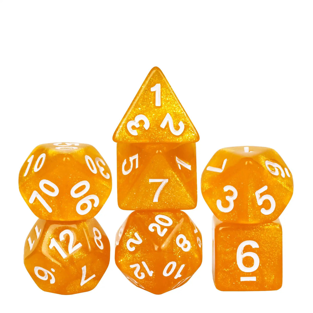 A set of seven translucent orange glitter polyhedral dice, including a tetrahedron and a cube.
