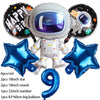 Outer space astronaut party décor set featuring a figure, balloons, and various sized balloons for celebration
