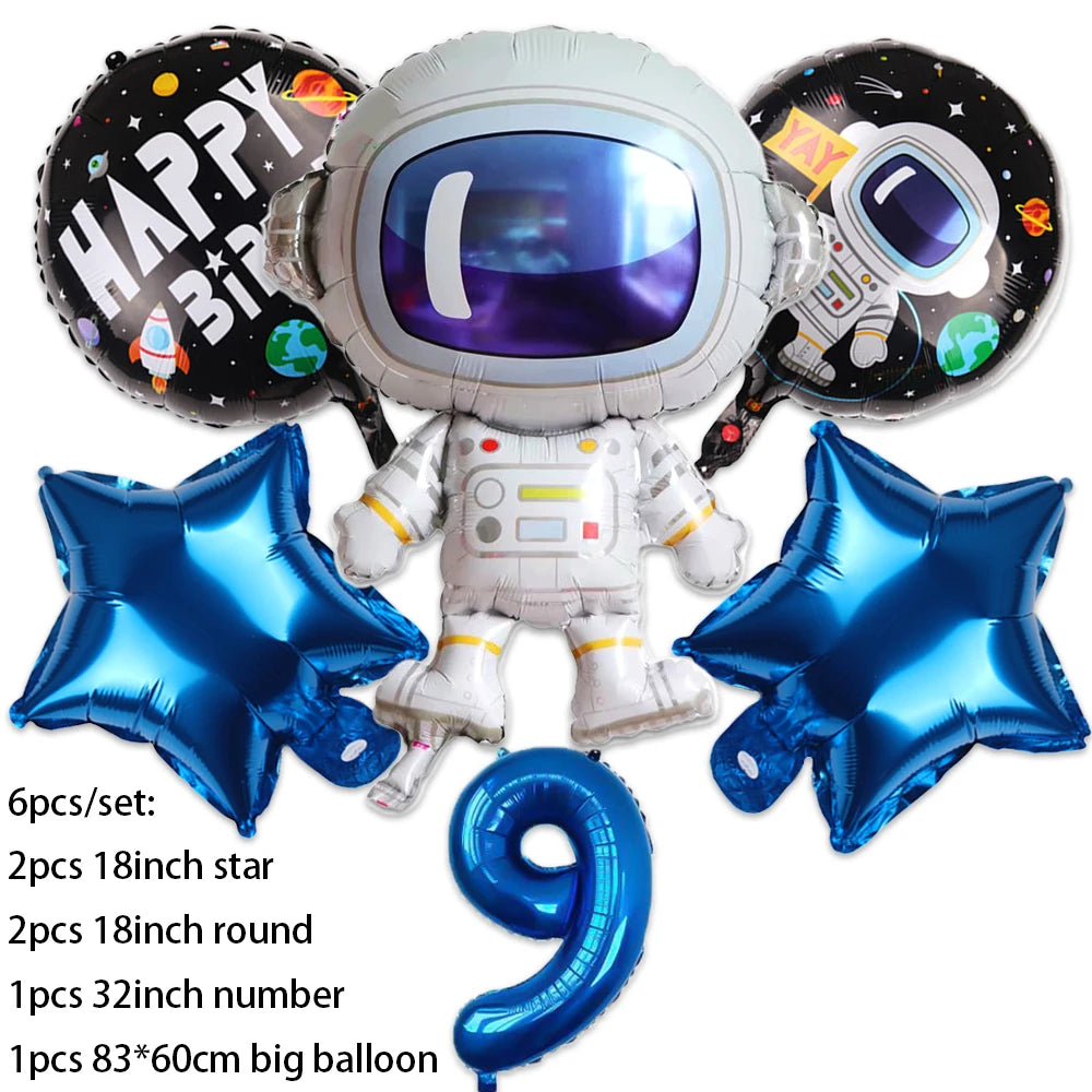 Outer space astronaut party décor set featuring a figure, balloons, and various sized balloons for celebration