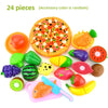 A set of 24 colorful pretend play cutting food toys including a pizza, fruit slices, and other food items.